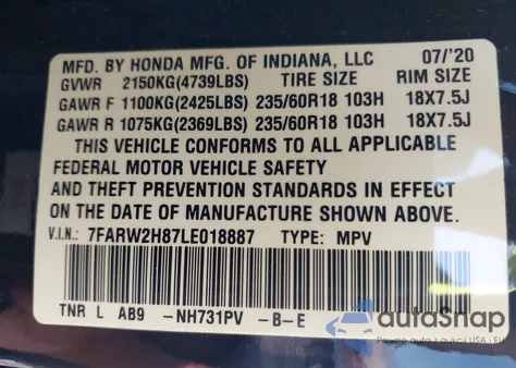 2020 Honda Cr-V Awd Ex-L z USA, uszkodzony, nr VIN 7FARW2H87LE018887